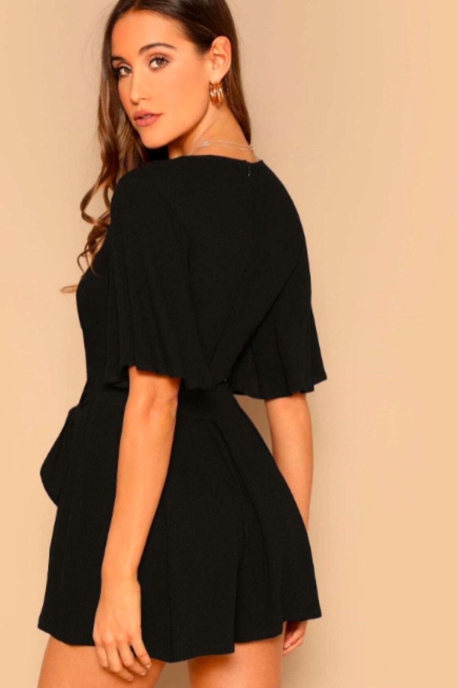 Women Styched Fashion | Deep V Neck Flutter Sleeve Belted Playsuit