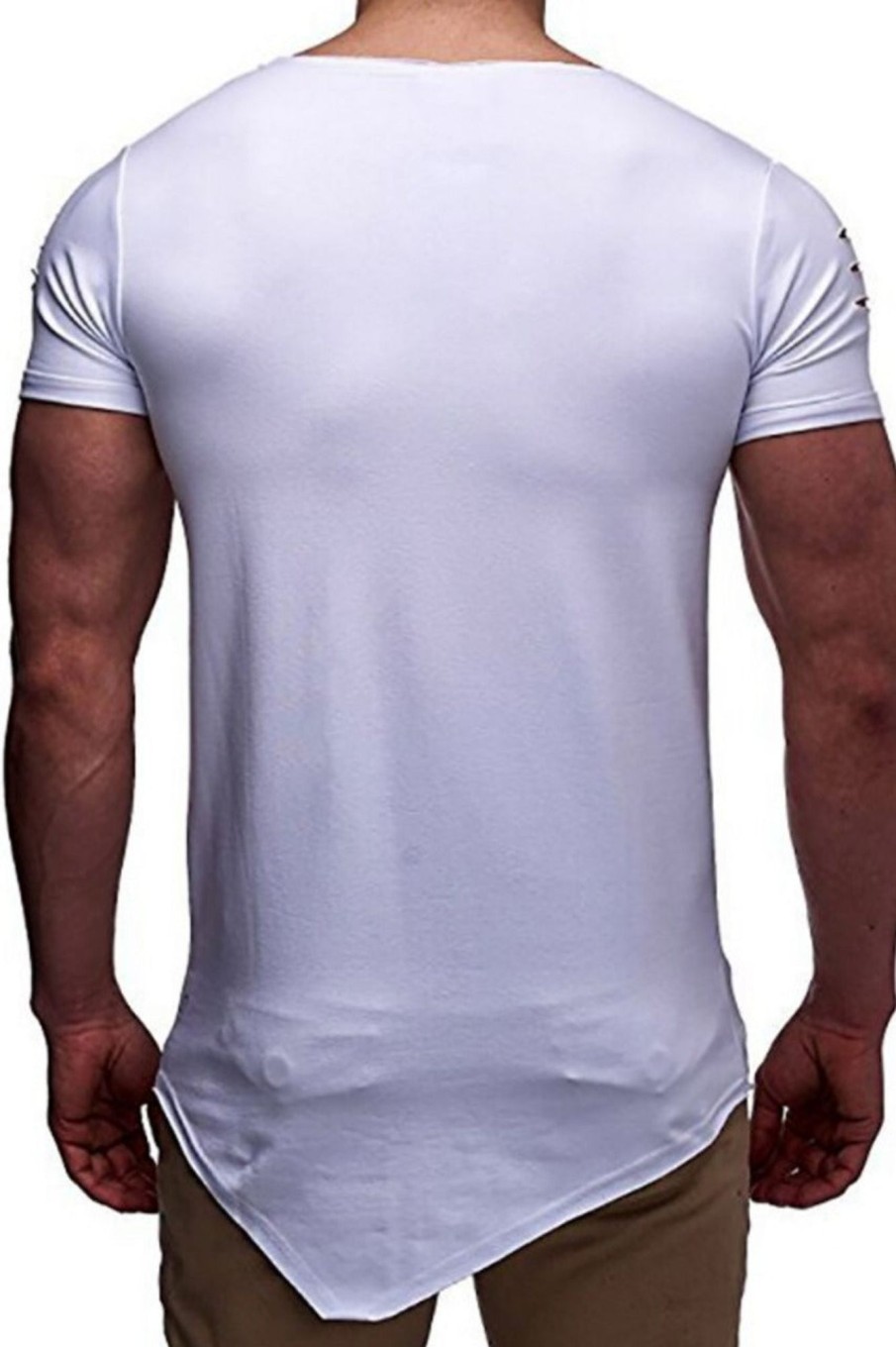 Men Styched Fashion | White Ripped Asymmetrical Tshirt