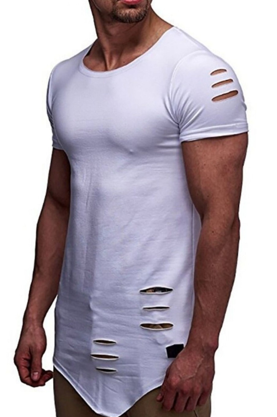 Men Styched Fashion | White Ripped Asymmetrical Tshirt