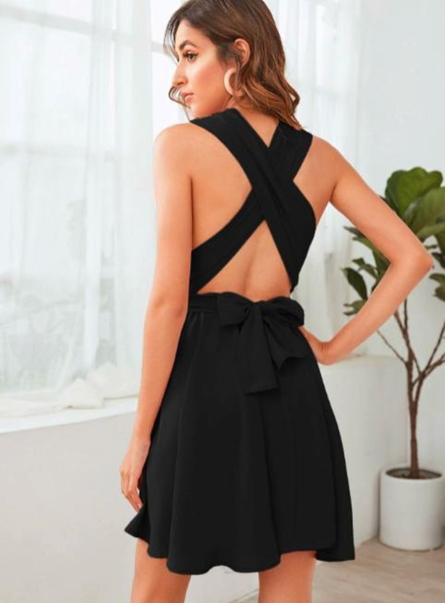 Women Styched Fashion | Backless Plunge Neck Dress