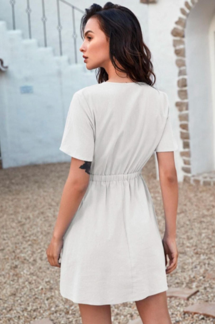 Women Styched Fashion | White Tie Front Flare Mini Dress