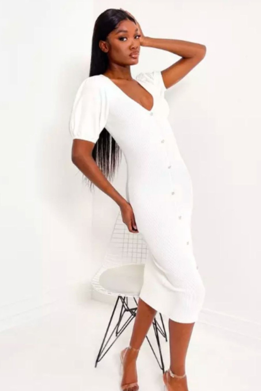 Women Styched Fashion | Button Down Plunge Neck Maxi Dress