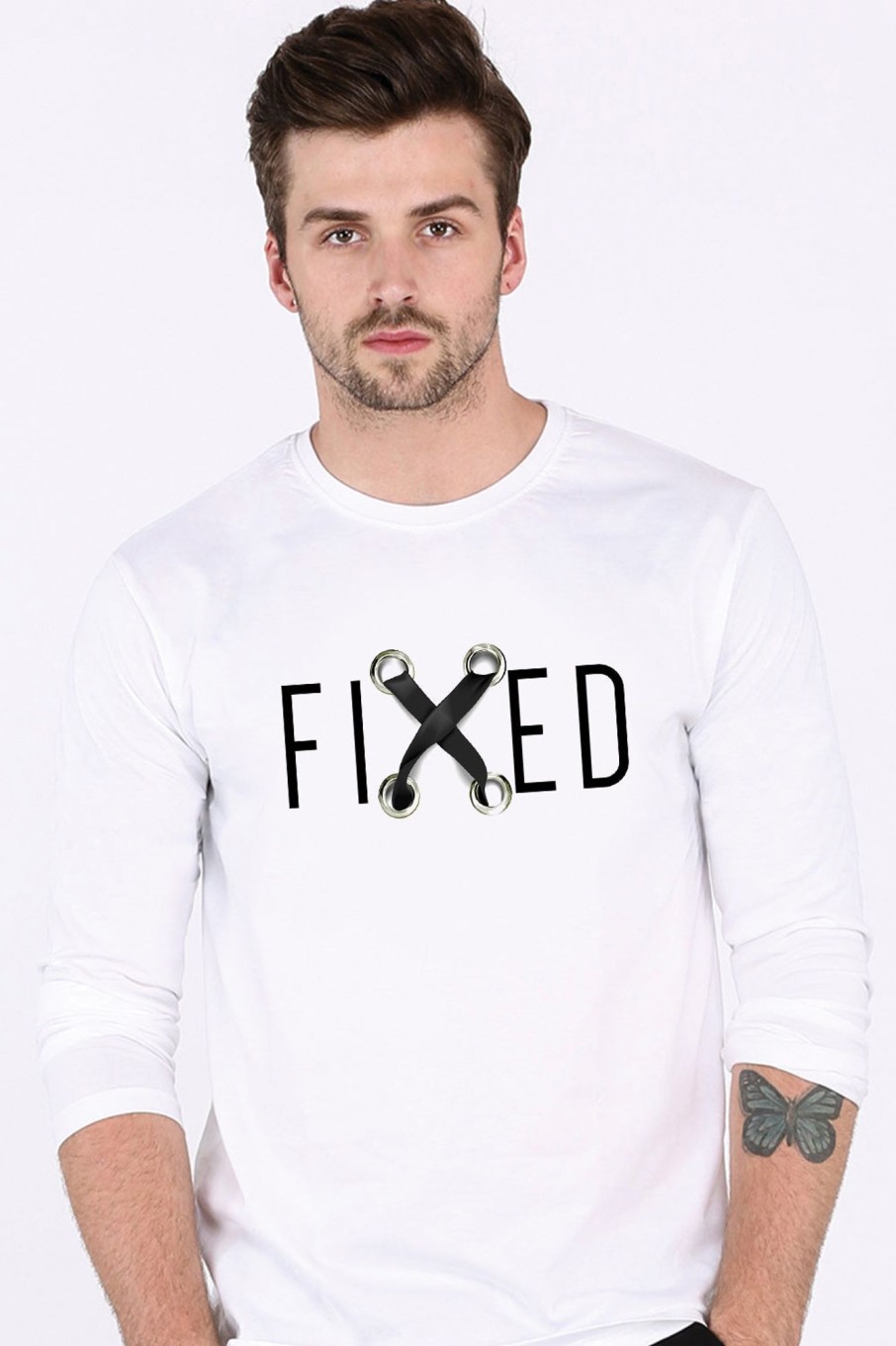 Men Styched Fashion | Fixed - Printed Graphic White Full Sleeve 100% Cotton T-Shirt