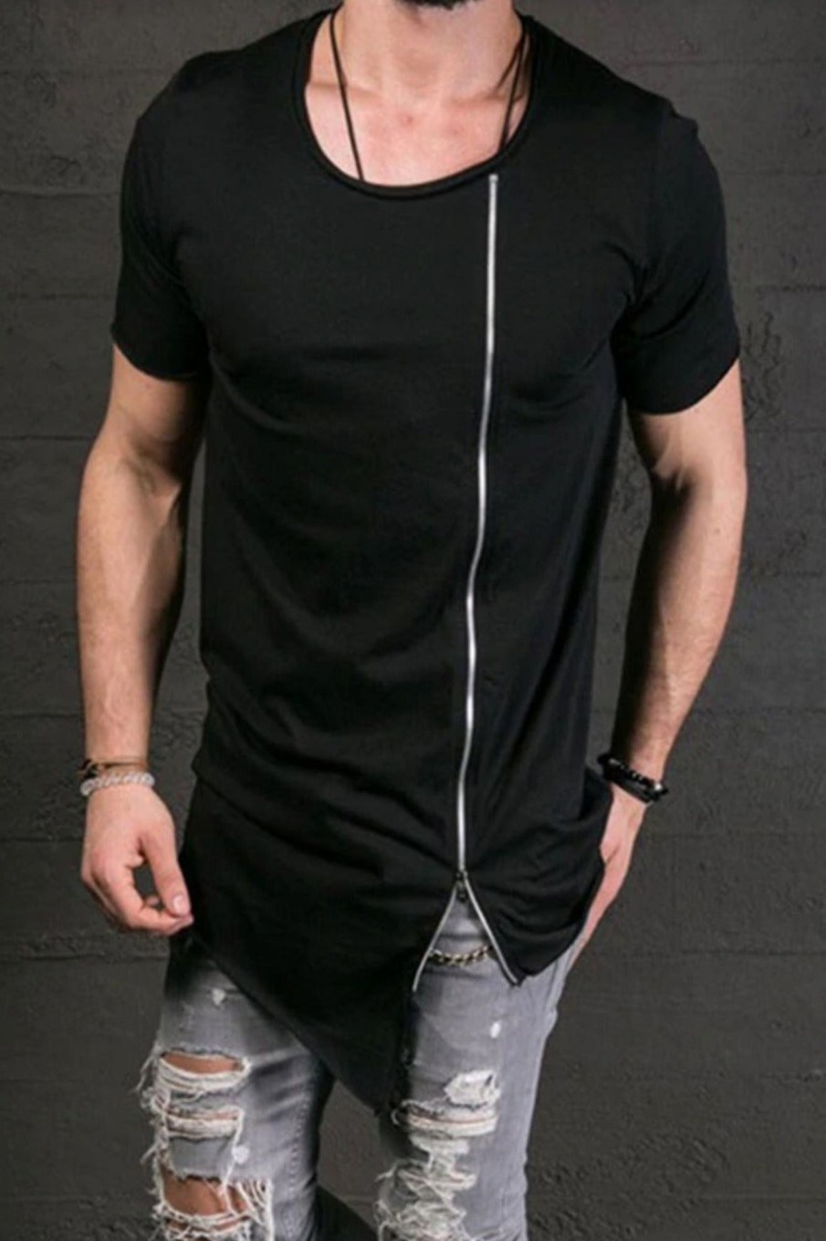 Men Styched Fashion | Asymmetric Zipper Black Rugged Tshirt