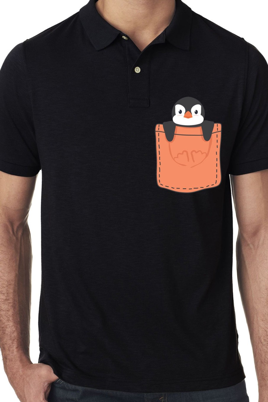 Men Styched Fashion | Black Premium Polo T-Shirt With Penguin Peeping Out Of Orange Pocket Printed