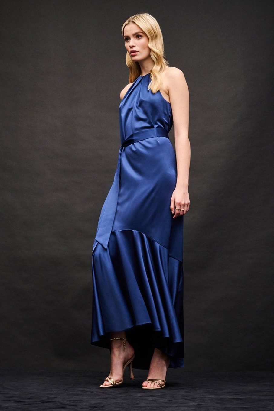 Women Styched Fashion | Blue Neck Belted Dress