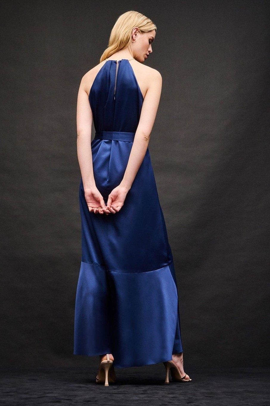 Women Styched Fashion | Blue Neck Belted Dress