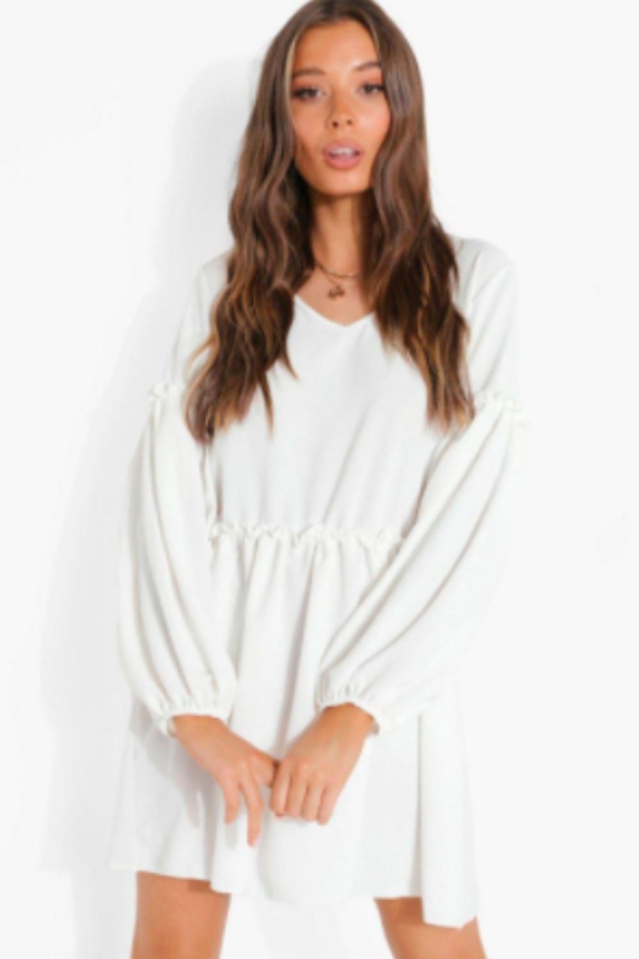 Women Styched Fashion | White Huff Puff Sleeved Dress