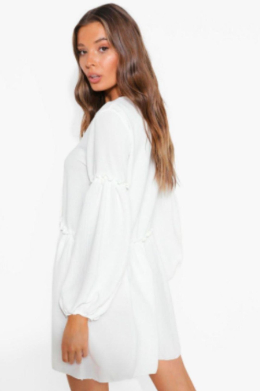 Women Styched Fashion | White Huff Puff Sleeved Dress