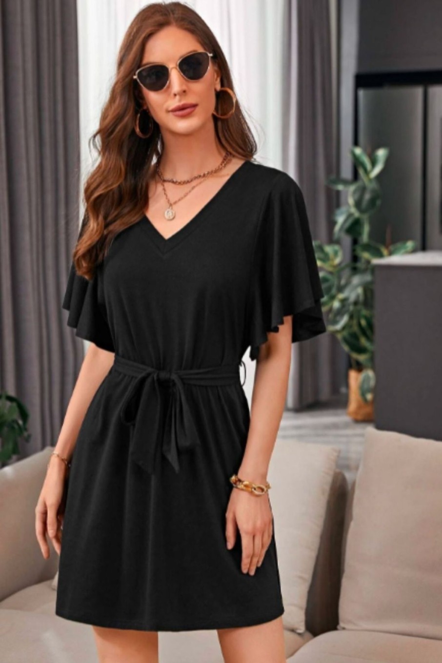 Women Styched Fashion | Bell Sleeve Belted Solid Dress