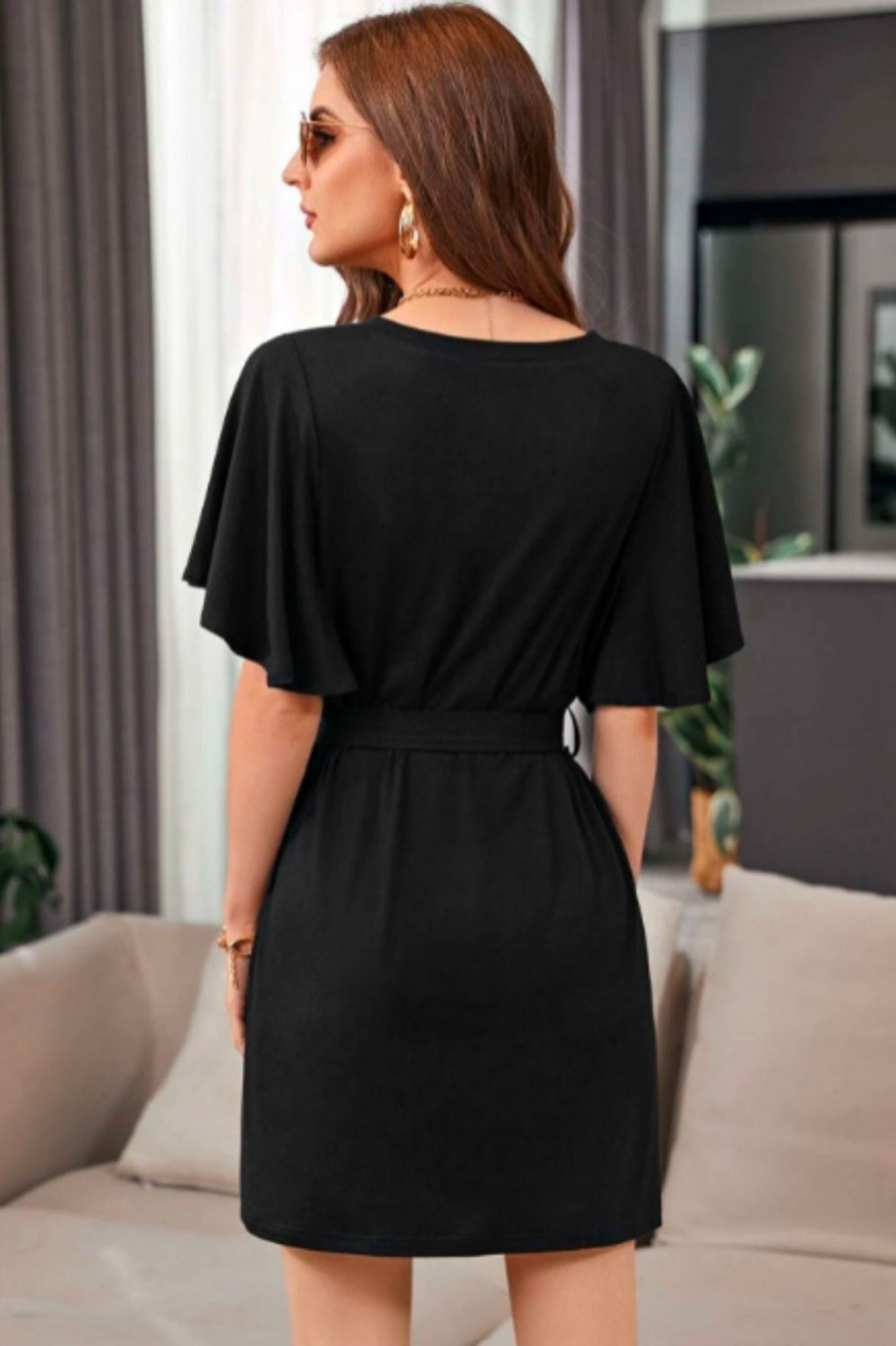 Women Styched Fashion | Bell Sleeve Belted Solid Dress