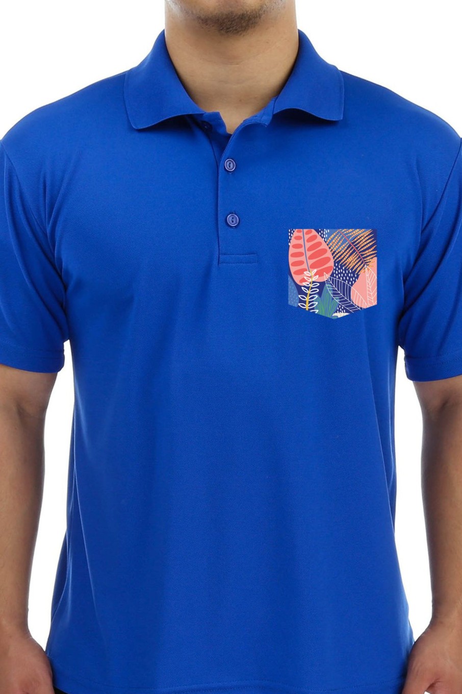 Men Styched Fashion | Blue Premium Polo T-Shirt With Tropical Blockart Graphics On Pocket Printed