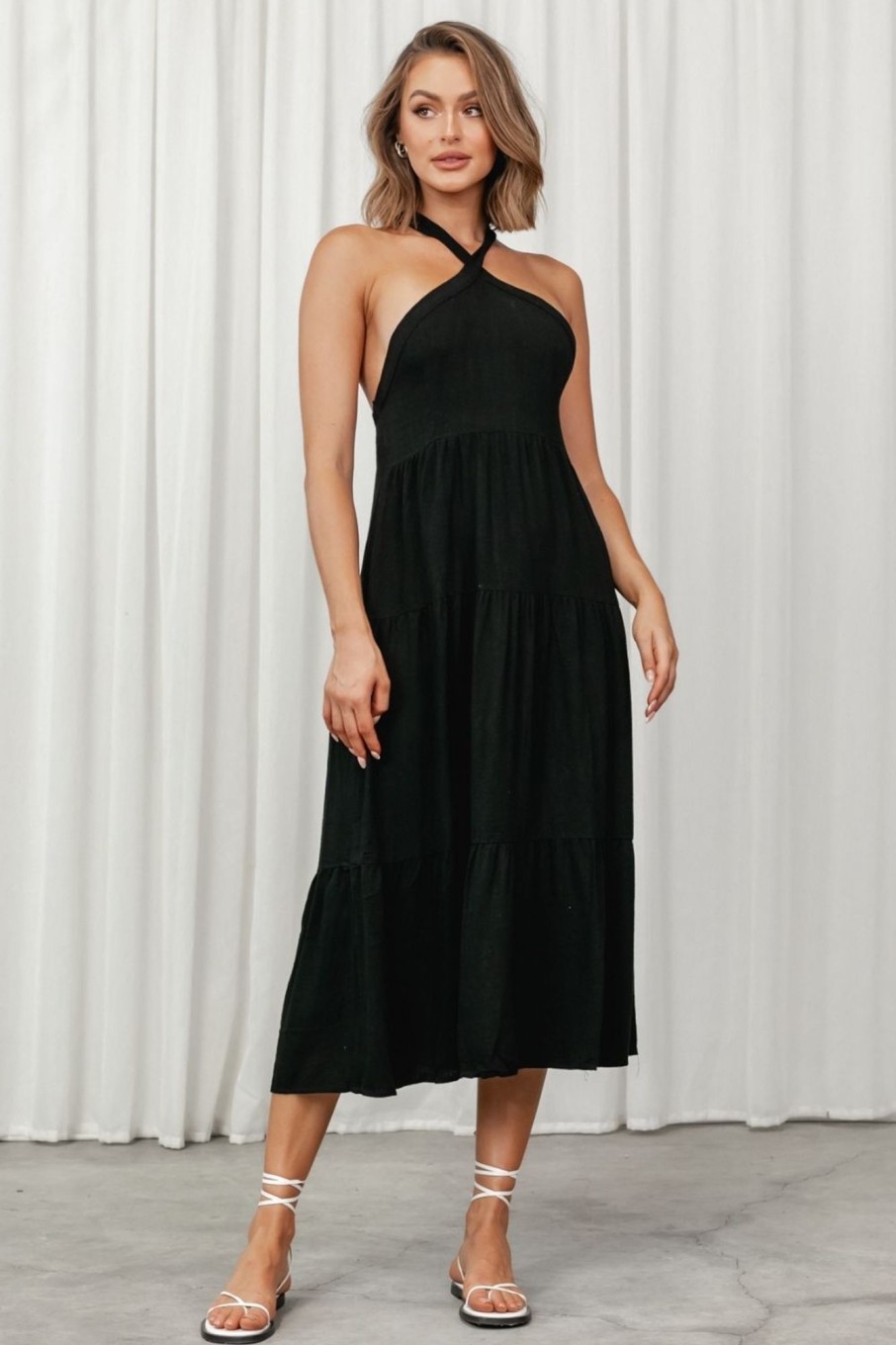 Women Styched Fashion | Black Halter Neckline Cross Back Dress