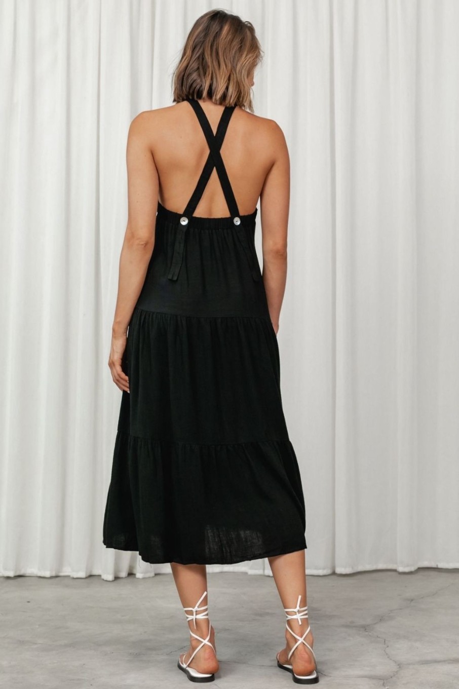 Women Styched Fashion | Black Halter Neckline Cross Back Dress