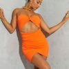 Women Styched Fashion | Orange Cut Out Front Body Hugging Dress